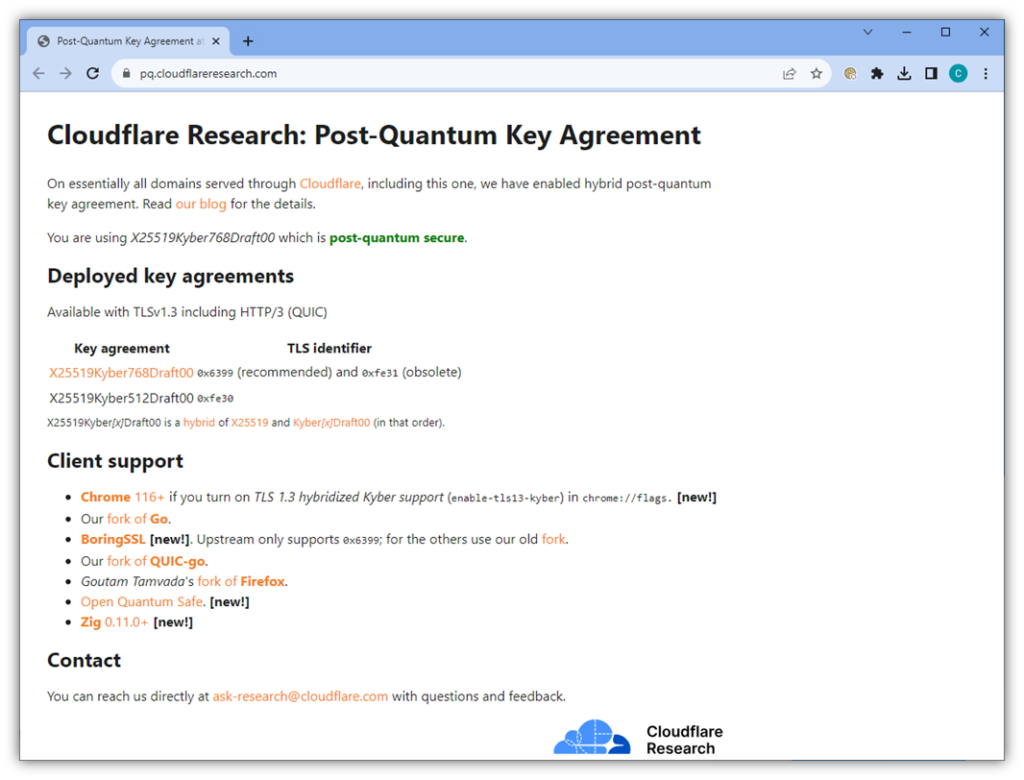 当我检查浏览器的密钥协议设置时，Cloudflare Research 的 PQC 密钥协议工具结果的屏幕截图。