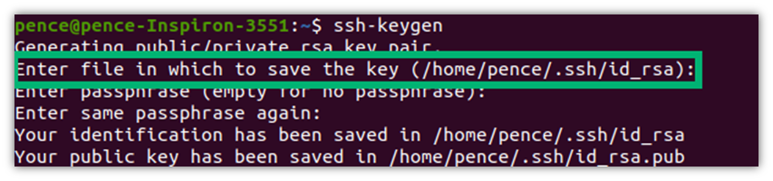 命令行工具的屏幕截图显示了可以在 Linux 中生成 SSH 密钥的示例