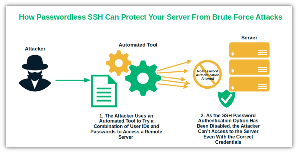 该图显示了 Linux 中无密码的 SSH 如何帮助保护您的帐户和资源免受暴力攻击