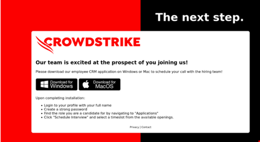 冒充惡意釣魚網站，其中包含虛假 “CRM 應用程式” 的下載連結。來源：CrowdStrike。