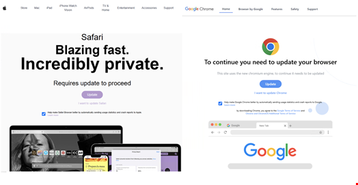 虚假更新诱使 FrigidStealer 通过 Safari（左）和 Chrome（右）传播。来源：Proofpoint